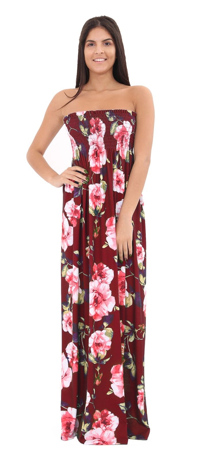 Girlzwalk Women's Wine Floral Strapless Maxi Dress Sheering Boob Tube Bandeau Printed Long Dress (, Xxl 20-22)