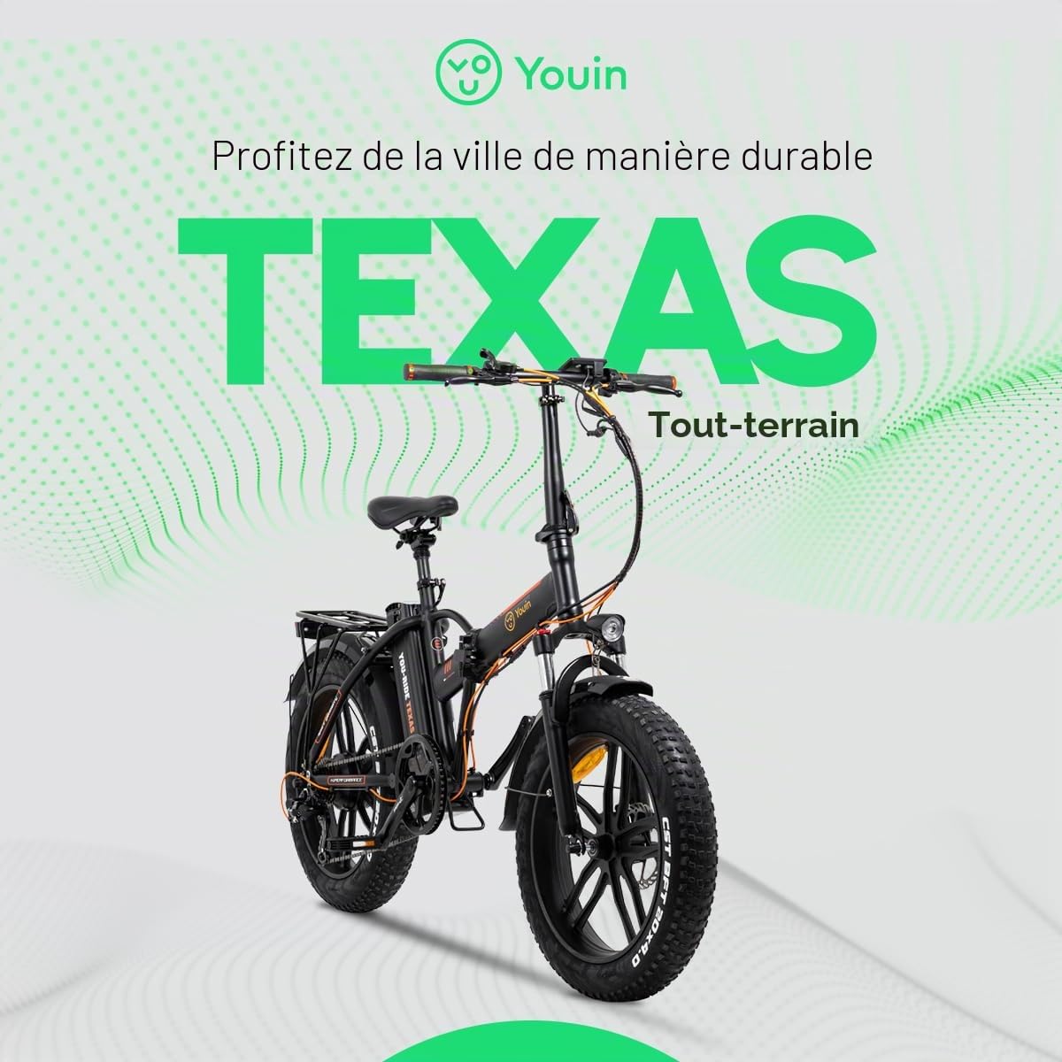 Youin Texas Vélo électrique Pliable Tout-Terrain Moteur 250 W Vitesse 25 km/h Autonomie 45 km Freins à Disque Batterie 36 V 10 Ah Roues 20" Fat