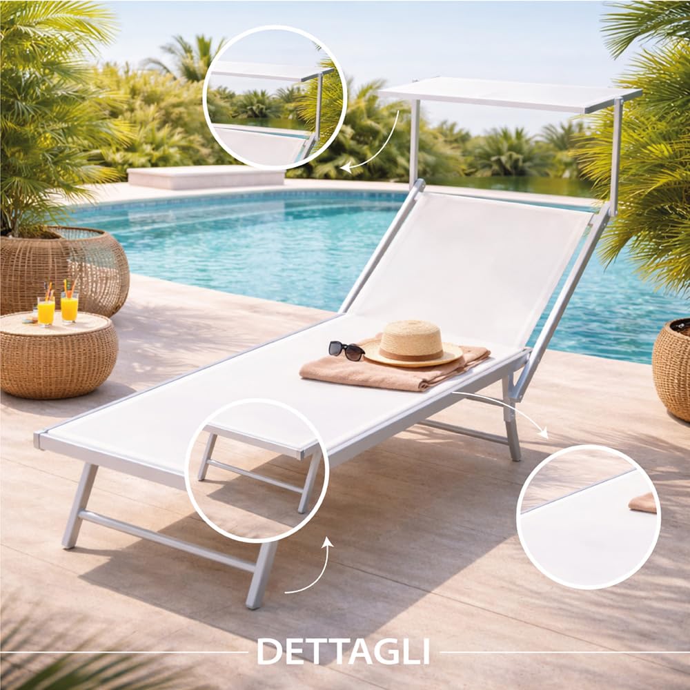 Lettino Prendisole in Alluminio 61X183/189X38H CM - con Tettuccio Pieghevole, Schienale Reclinabile 2 Posizioni, Tessuto Textilene, Sdraio per Giardino, Piscina e Spiaggia, 120 kg (Bianco)