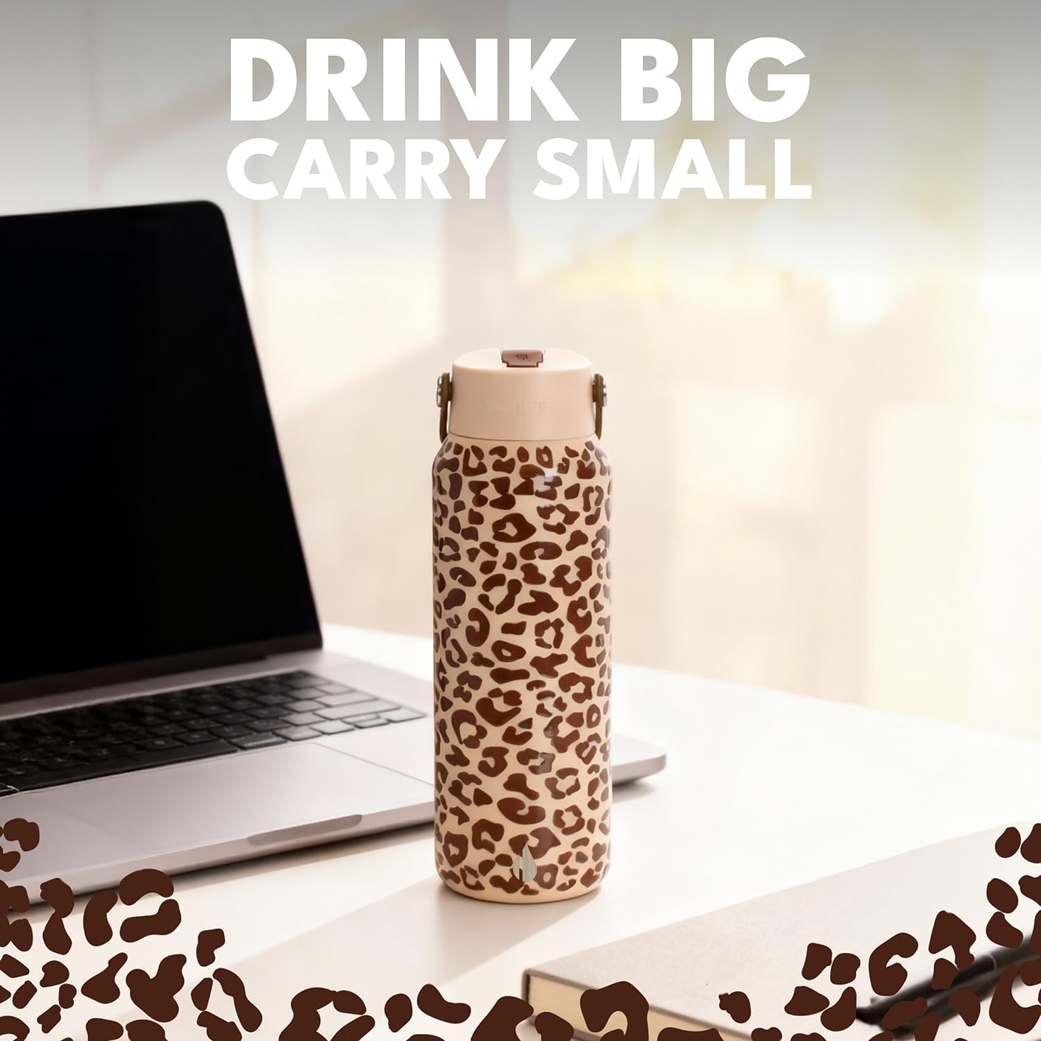 Elemental 40oz Insulated Water Bottle with Straw - 100% Leak-Proof Stainless Steel Core Water Bottles for Travel, Sports and Gym - Double Wall Insulation & BPA Free - Beige Leopard