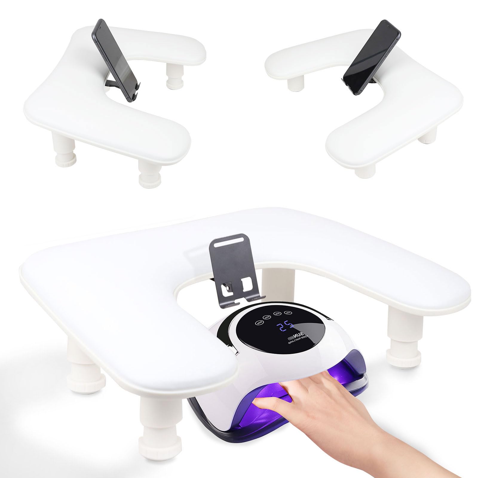 Arm Rest for Nails Tech with a Build-in Phone Holder,U shaped Adjustable Base Manicure Nail Hand Rest Stand Pillow Cushion (White)
