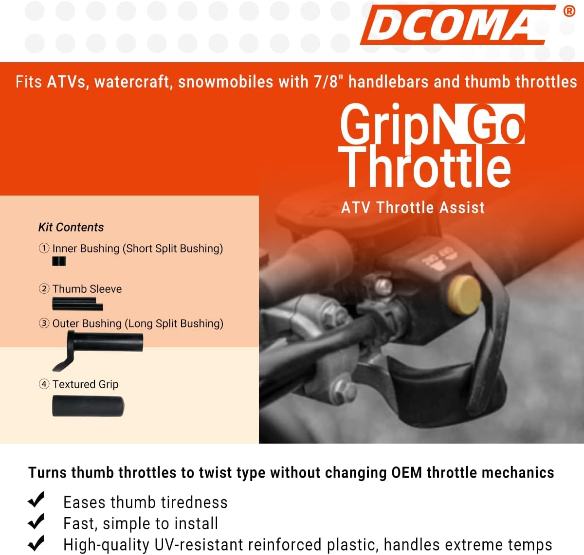 ATV Handlebars with Convenient Throttle Compatible with Kolpin 98020, Reduces Thumb Fatigue, Prolong Your Ride, Fits 7/8" Bars, Easy Install for ATV, Snowmobile, Watercraft, Plastic