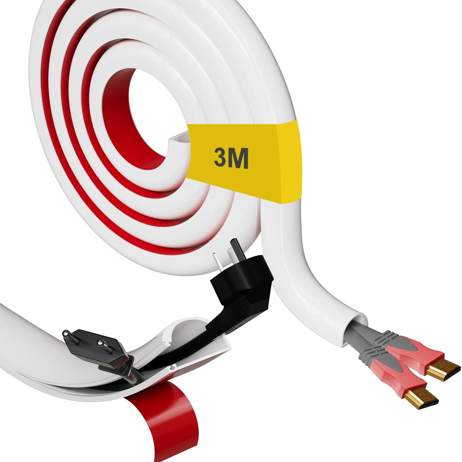 3m White Cable Trunking - 25x15mm Flexible PVC Cable Conduit for 2-3 Cords, Self-Adhesive Wire Hider for Wall & Floor, Side Opening D-shape Wire Covers TV Cable Raceway
