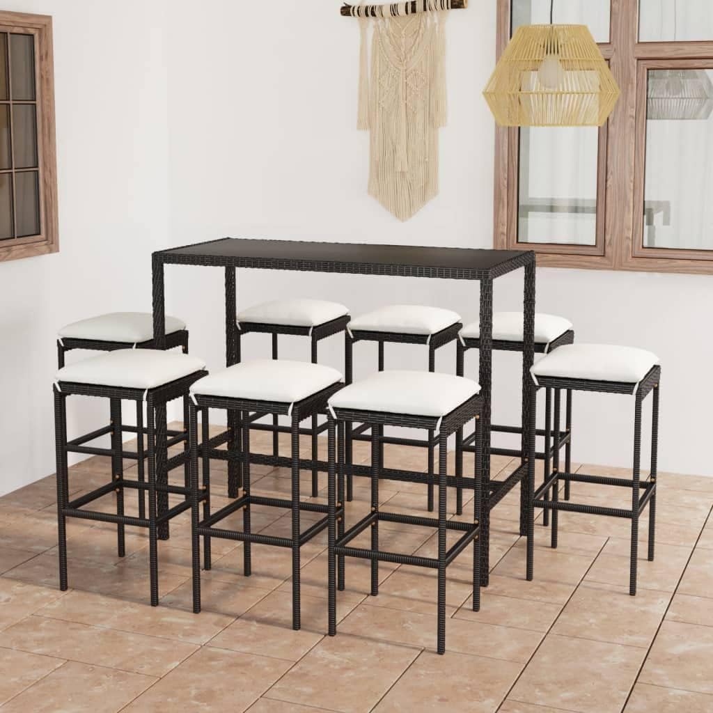 9-Piece Garden Bar Set with Rectangular Table and 8 Stools, Modern Outdoor Furniture for Patio and Garden, Black and Cream White Design, Tempered Glass Tabletop, PE Rattan