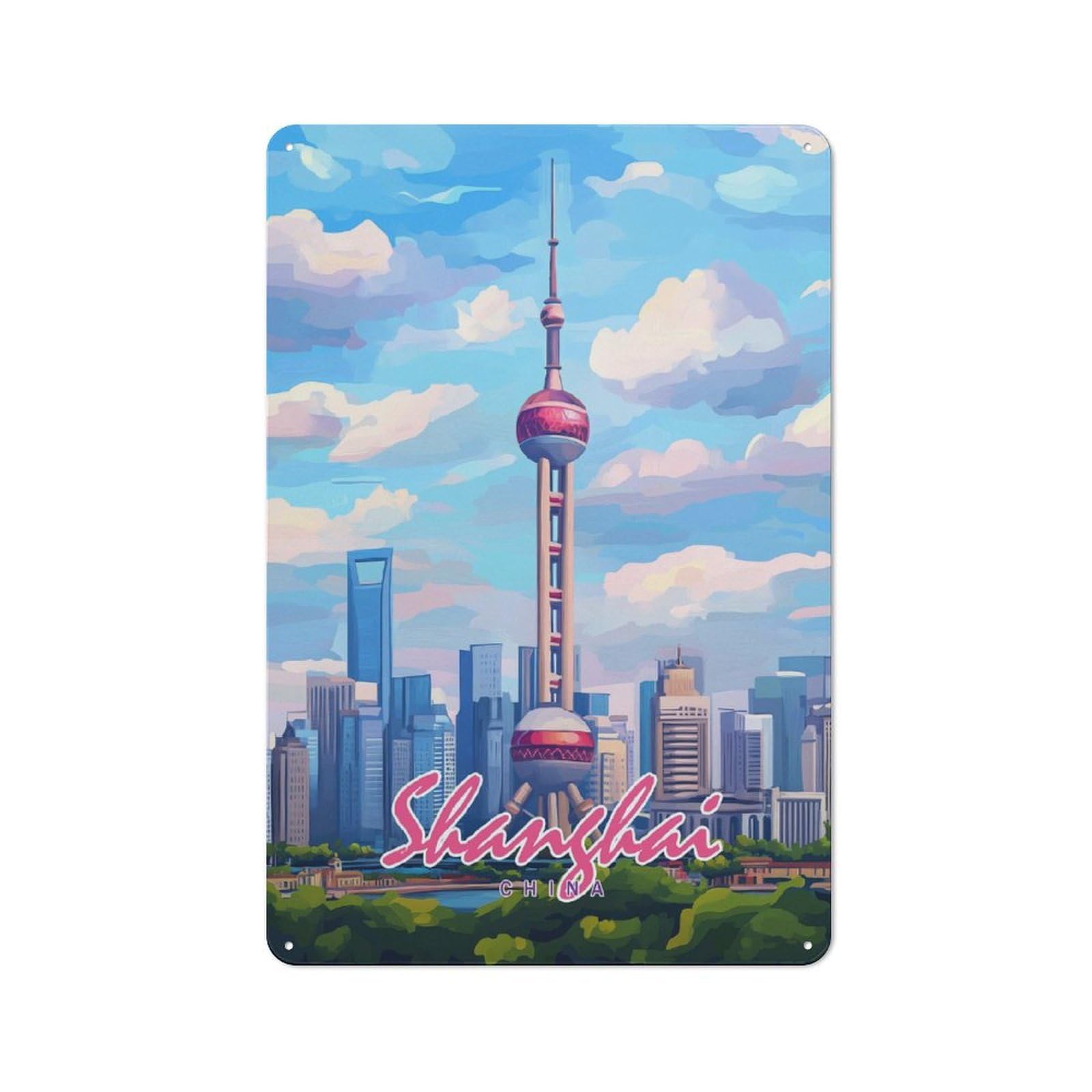 Junmoney Style-16 Shanghai Skyline Retro-Style Tin Sign 30X20cm For Guest Room Or Hallway, A Christmas Gift For People Styling Guest Room And Hallway