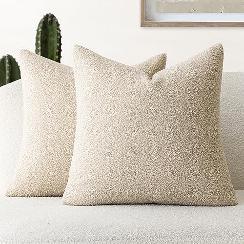 Image of Foindtower Pack of 2, Curly Faux Fur Decorative Throw Pillow Covers Soft Plush Cushion Case with Zipper Cozy Fluffy Boho Pillowcase for Home Living Room Couch Bed Sofa 18 x 18 Inch, Light Beige