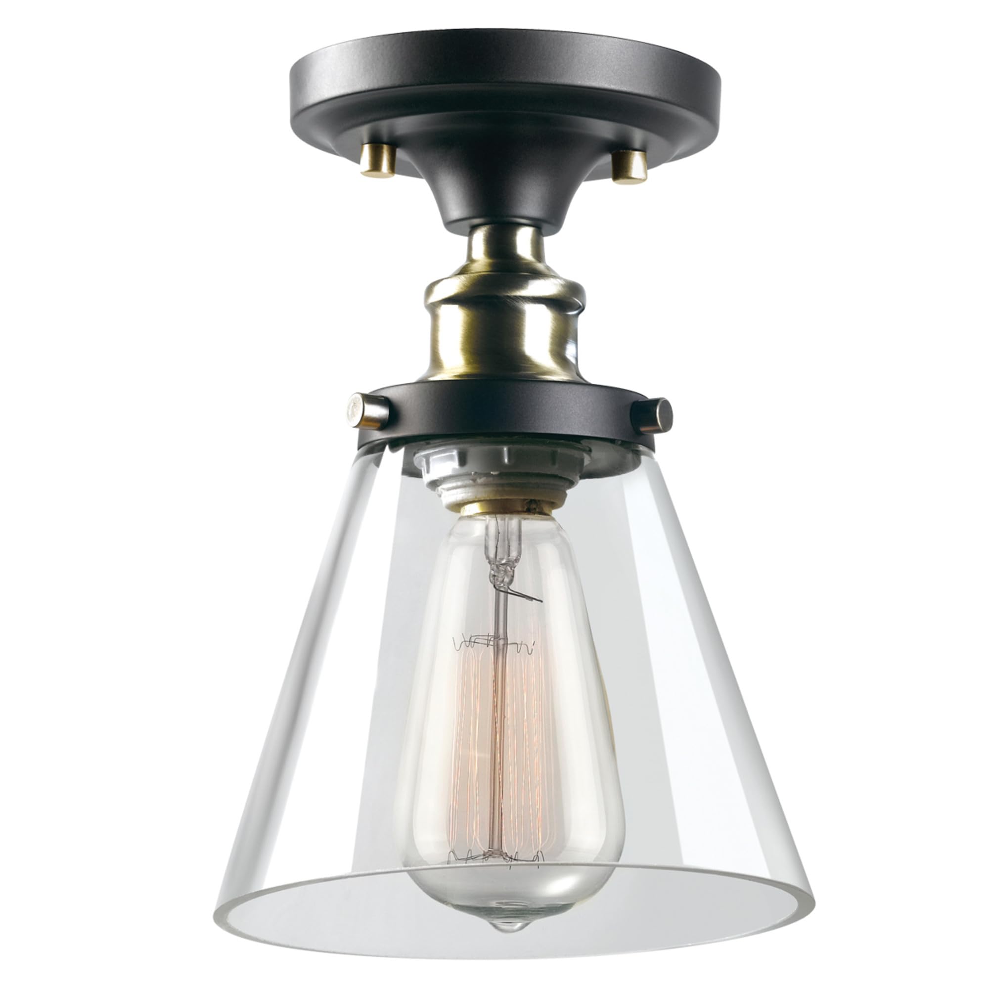 GLOBE Electric 65380 1-Light Flush Mount Ceiling Light, Dark Bronze, Satin Finish, Antique Brass Accents, Clear Glass Shade, Ceiling Light Fixture, E26 Bulb, Bulb Not Included