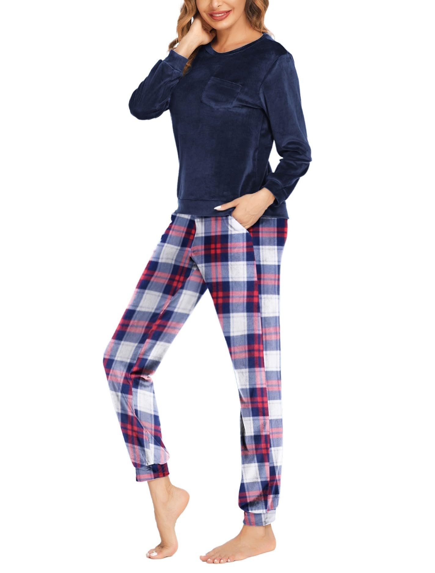 Ekouaer Ensembles de Pyjamas pour Femmes Ensemble de Loisirs en Velours à col Rond Long Ensemble de Pyjama d'hiver Costume de Maison Décontracté Chaud avec Poches