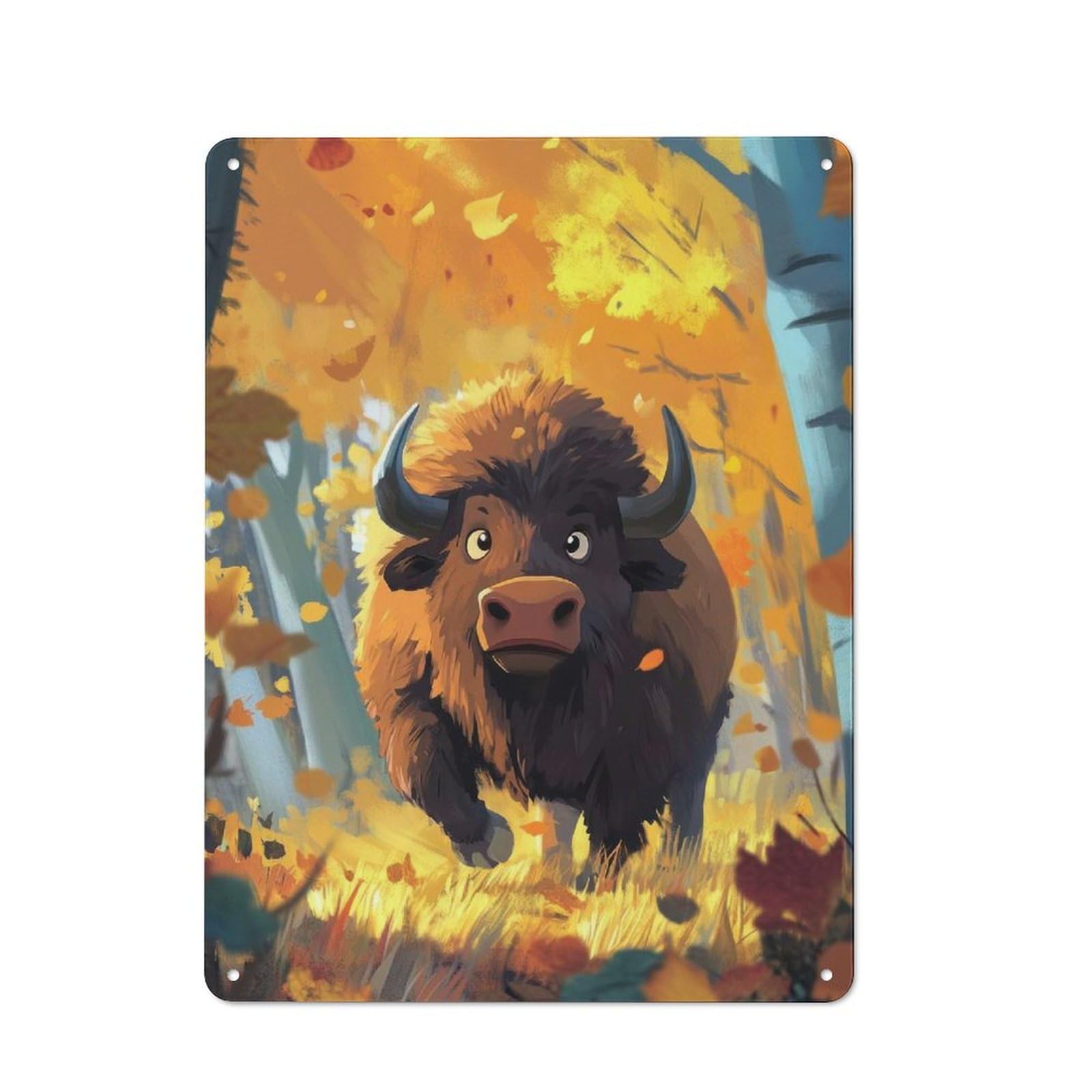 Junmoney Forest Bison Illustration Metal Sign 40X30cm With For Home Bar Wall, Retro Decor, For Garage, Workshop And Man Cave Decoration