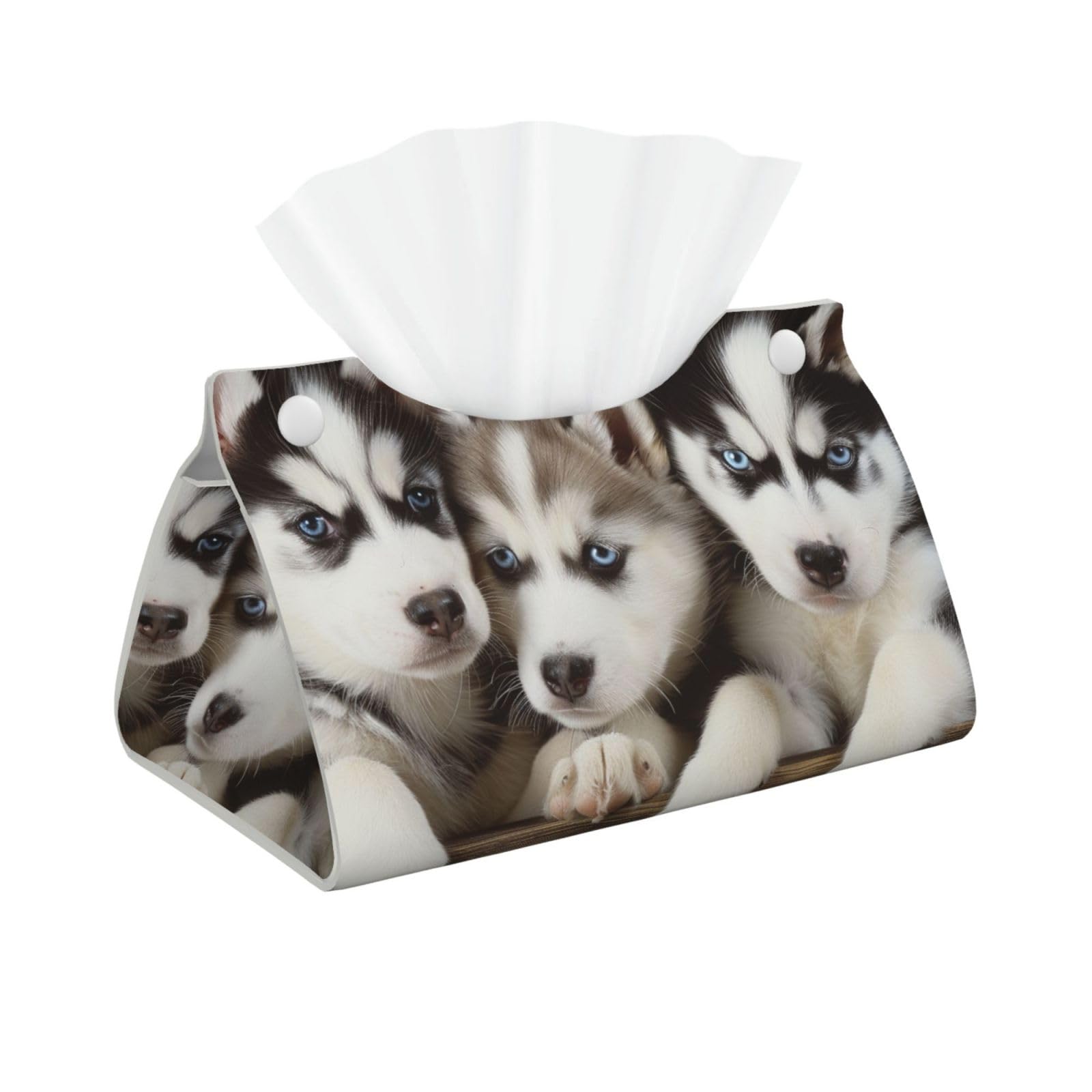 Husky Puppies Dogs Print Tissue Box Cover Foldable Tissue Storage Box Leather Tissue Cube Box Holder for Living Room Bedroom Office Car Home Decor