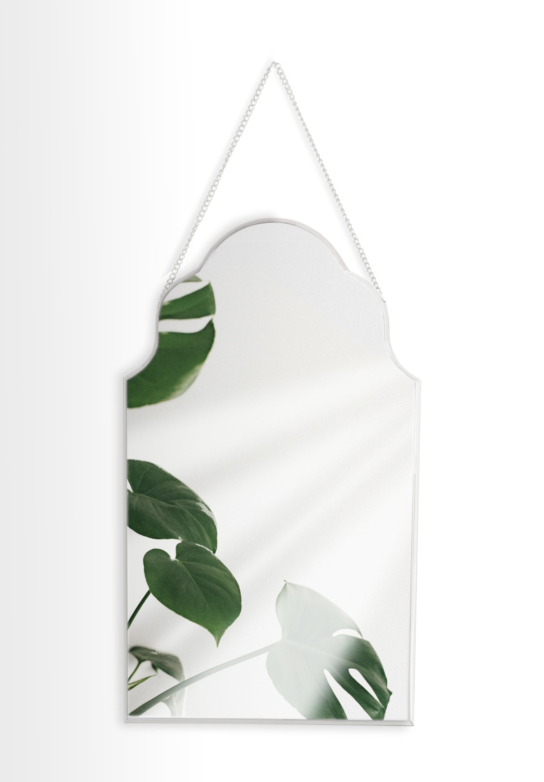 GreyZouq Decorative arched wall mirror, Metal Frame Wall Mounted Mirror With Chain for Home Decor, Bedroom Wall Mirror with white Rim with chain (White)