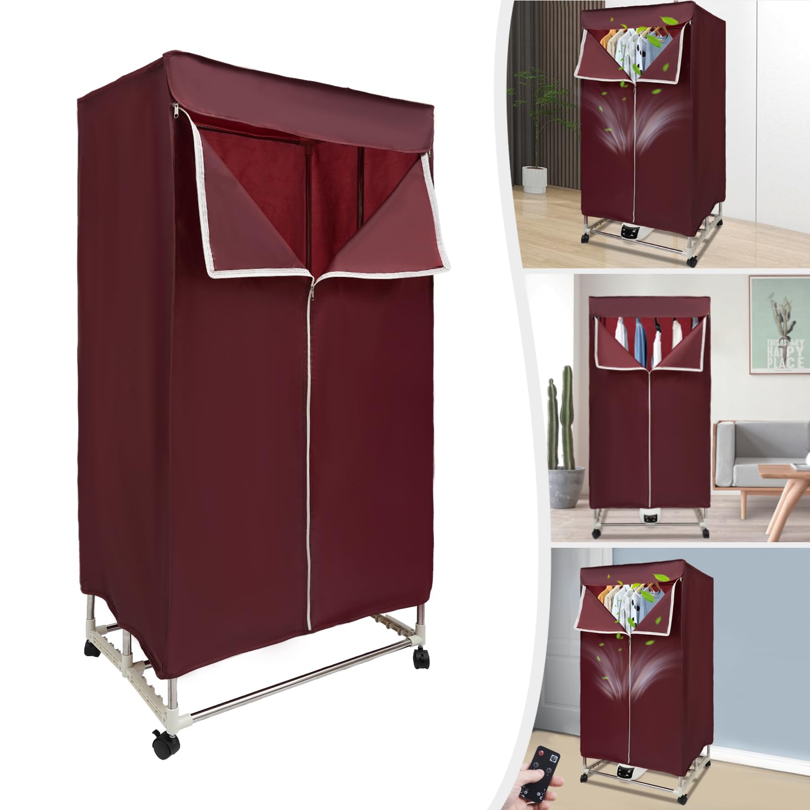 Secadora de ropa de 1200 – 1500 W, 220 V, secadora de aire caliente, portátil, minisecadora adecuada para secar ropa, toallas, vaqueros, etc. (rojo vino)