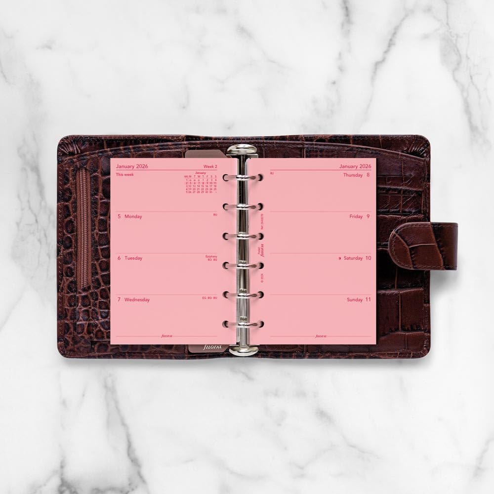 Filofax Recharge pour agenda 2026 format de poche, semainier, papier rose, non ligné, anglais, 2026 (C68278-26)