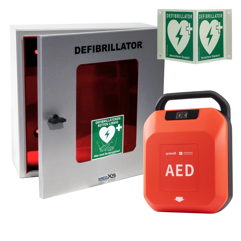 Kommunen Set, Primedic HeartSave YA, Erste Hilfe Defibrillator mit automatischer Schockabgabe (Made in Germany & 8 Jahre Herstellergarantie*) zzgl. Außenwandkasten