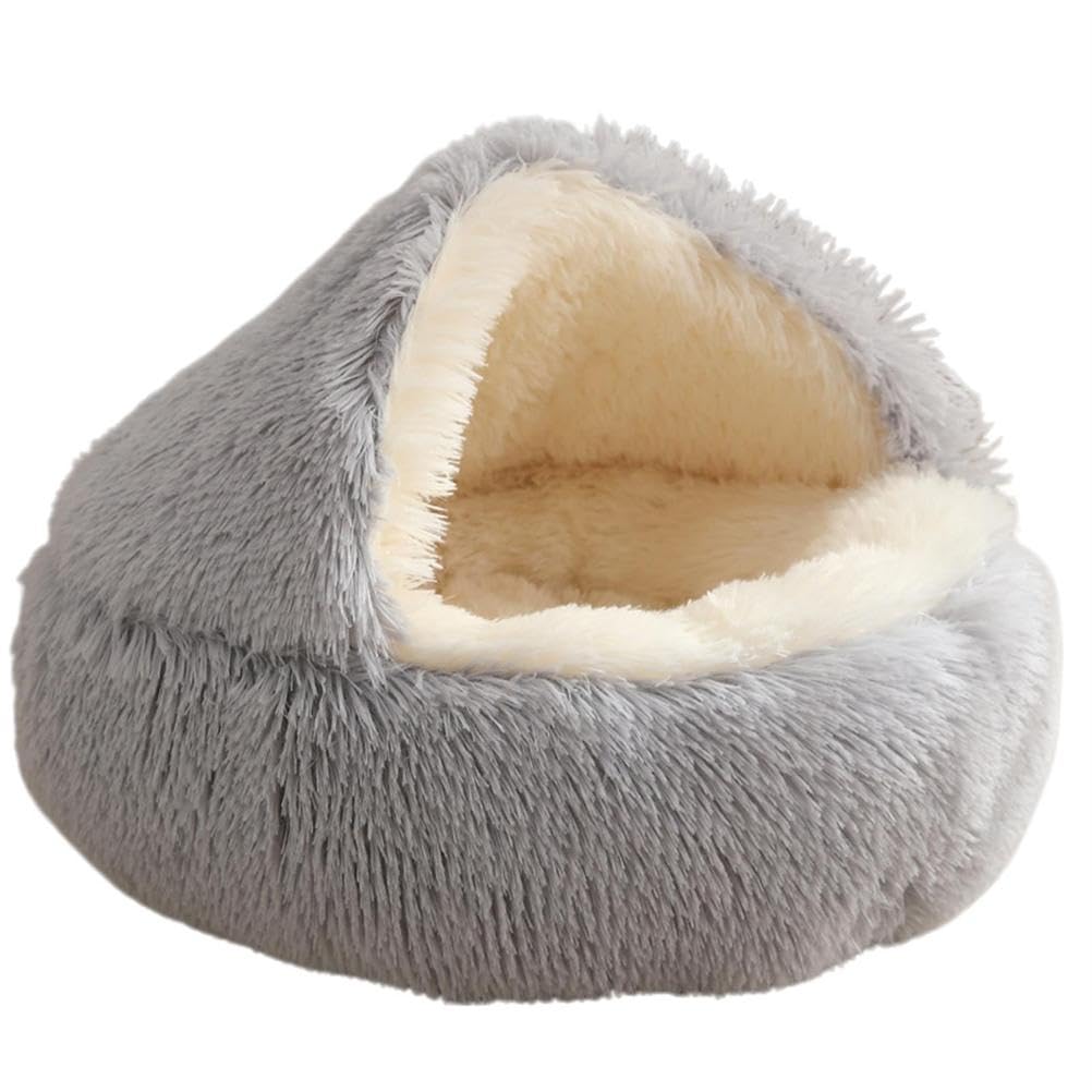 SAYEYBU Cozy Cocoon Dog Bed, Hooded Dog Beds for Small Dogs, Washable & Cute Nest Beds with Non-Slip Bottom, Plush Burrow Cave for Small Medium Dogs & Cats,Light Gray Long Pile,80CM