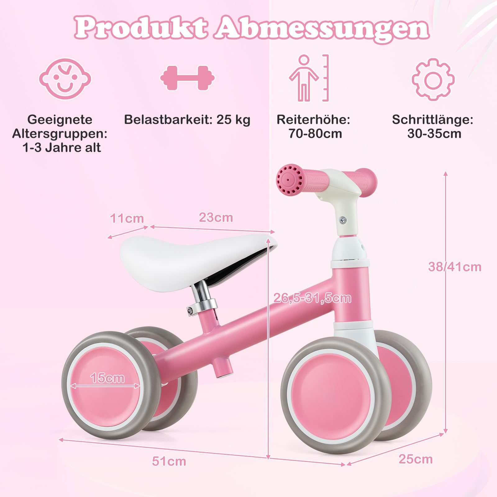COSTWAY Laufrad ab 1 Jahr, Lauflernrad mit 4 Räder, Baby Spielzeug mit höhenverstellbarem Griff und Sitz, Balance Rutschrad, Geschenk für Jungen und Mädchen zum 1 Geburtstag