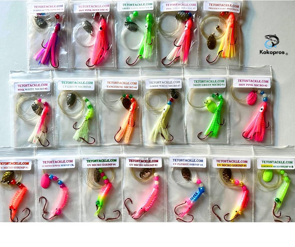 KOKOPROS Best Shrimp and Hoochies 18 Pack - Multicolor Shrimp Lures for Kokanee Salmon & Trout - Durable Plastic Construction, Various Sizes