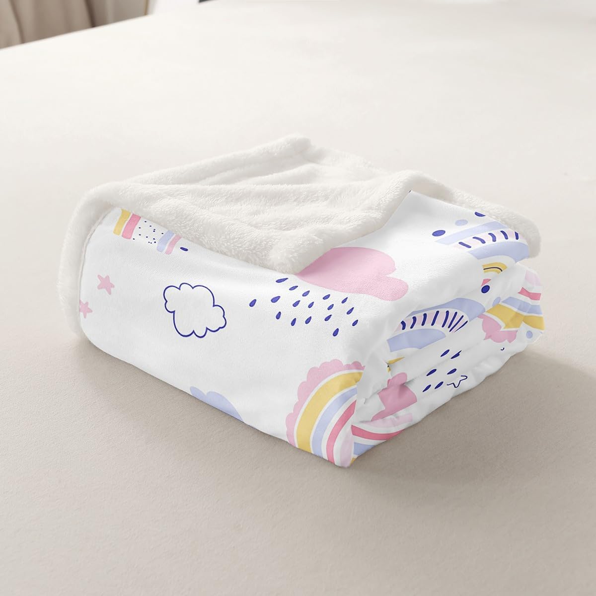 Erosebridal Cute Rainbow Fleece Blanket Kawaii Cloud Rainbow Throw Blanket Twin 60"X80" for Kids Bed Couch,Boho Cartoon Stars Sun Sherpa Blanket Pink Blue Yellow Pastel Flannel Bohemian Blanket