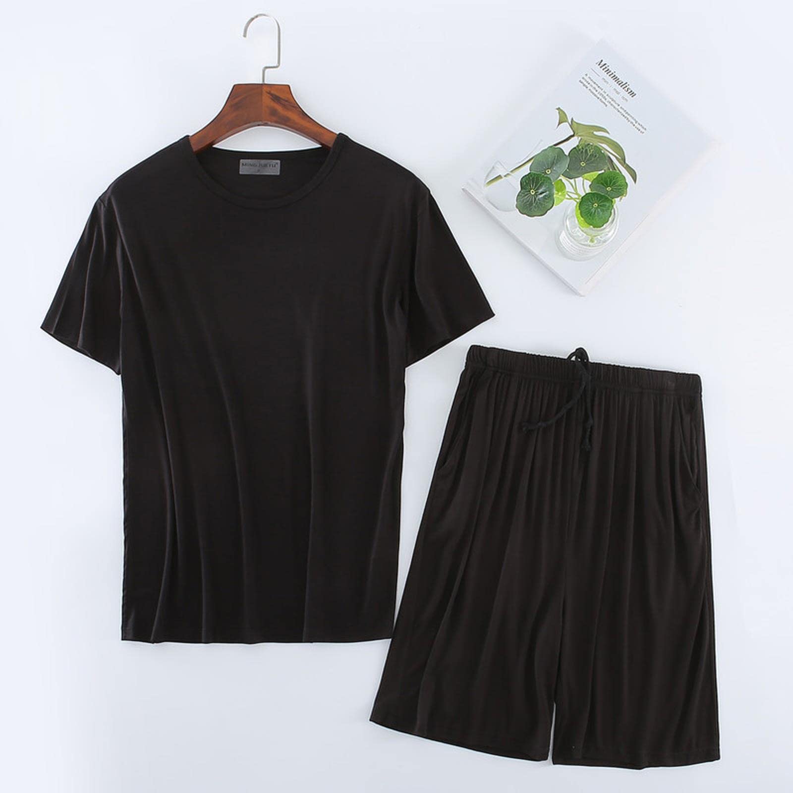 Talla Grande 6XL 7XL 8XL Conjuntos de Pijamas en V-Cuello PJS PJS Sleepwear Soft Modal Shorts Shorts de Manga Corta Men Casual-Dark Gray O-Neck,3XL(75kg)