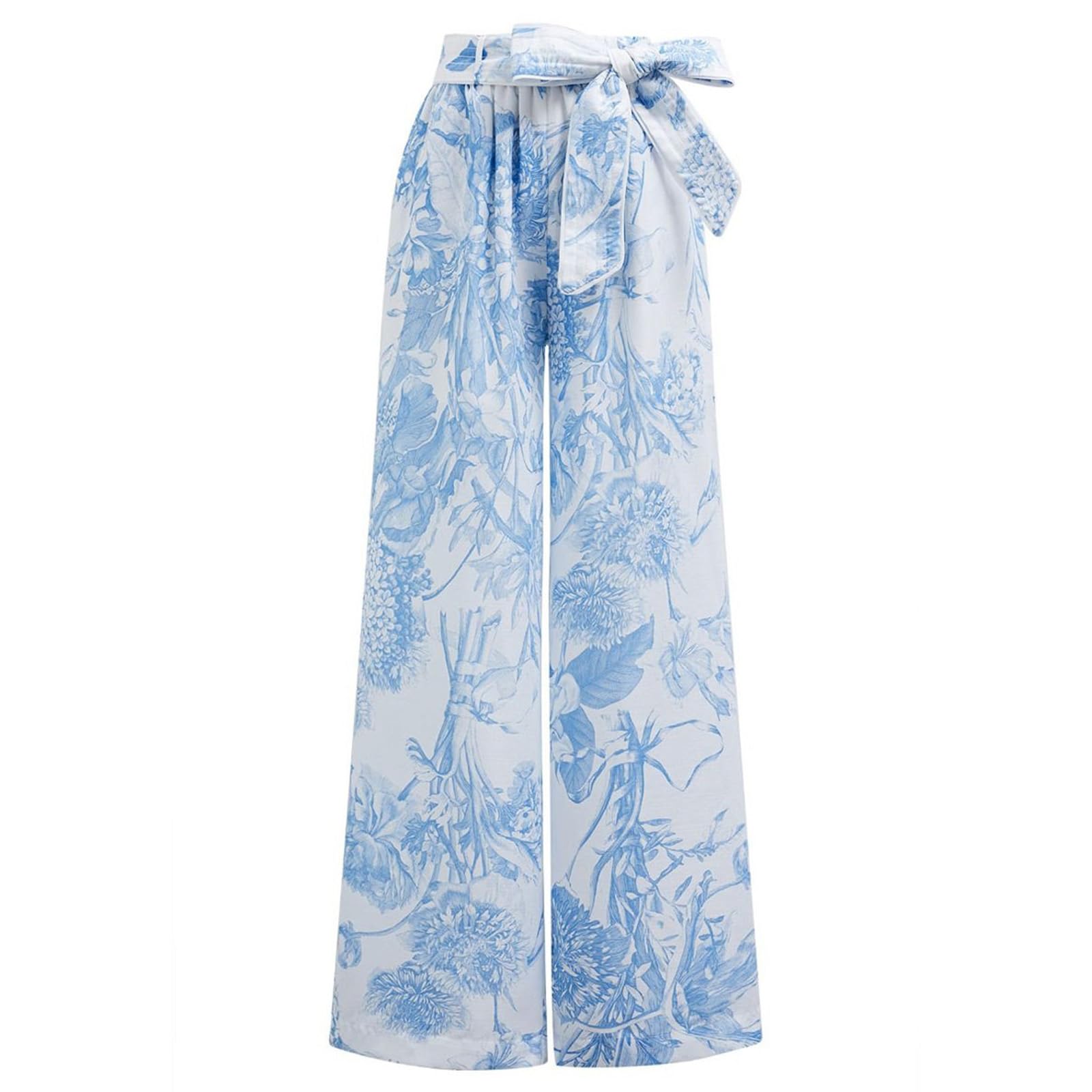 CHICWISH Women Wide Leg Pants Floral Printed High Elastic Waist Belted Summer Casual Long Trousers with Pockets