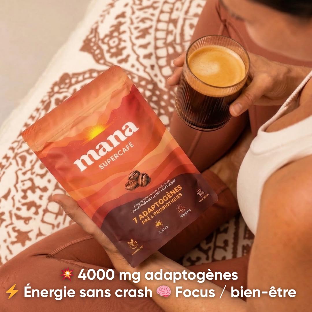Café Adaptogène aux Champignons | Énergie sans Crash | Lion's Mane, Reishi, Ashwagandha, Cordyceps, Chaga, Rhodiola, Maca | Probiotiques | Poudre 216g 30 Doses | Mana Supercafé