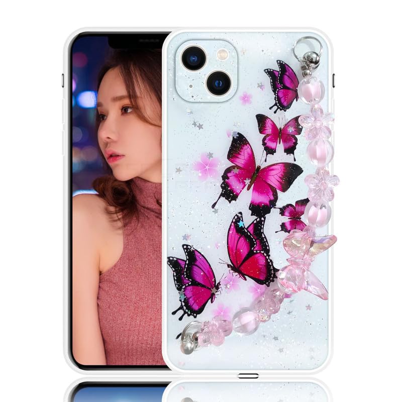 Image of COVERLY Fancy Chain Case Cover for iPhone 12 Pro, Wrist Holder Butterfly Stand Cotton Candy Dream Charming Flower Design Rainbow Girlish Full Protective Bracelet Fashion Case for Apple iPhone 12 Pro