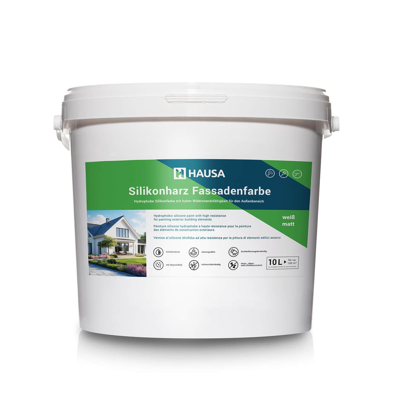 Hausa Silikonharz Fassadenfarbe 10L weiß matt, hochdeckende hydrophobe Außenfarbe mit Abperleffekt für alle Außenputze, Beton, Zement, Mauerwerk, Ziegel, witterungsbeständig atmungsaktiv