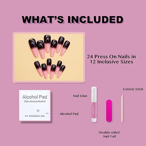 Miniatura 5 de Gentle Claws Uñas postizas a presión con forma de ataúd para mujeres y niñas, 24 uñas postizas reutilizables color rosa y negro
