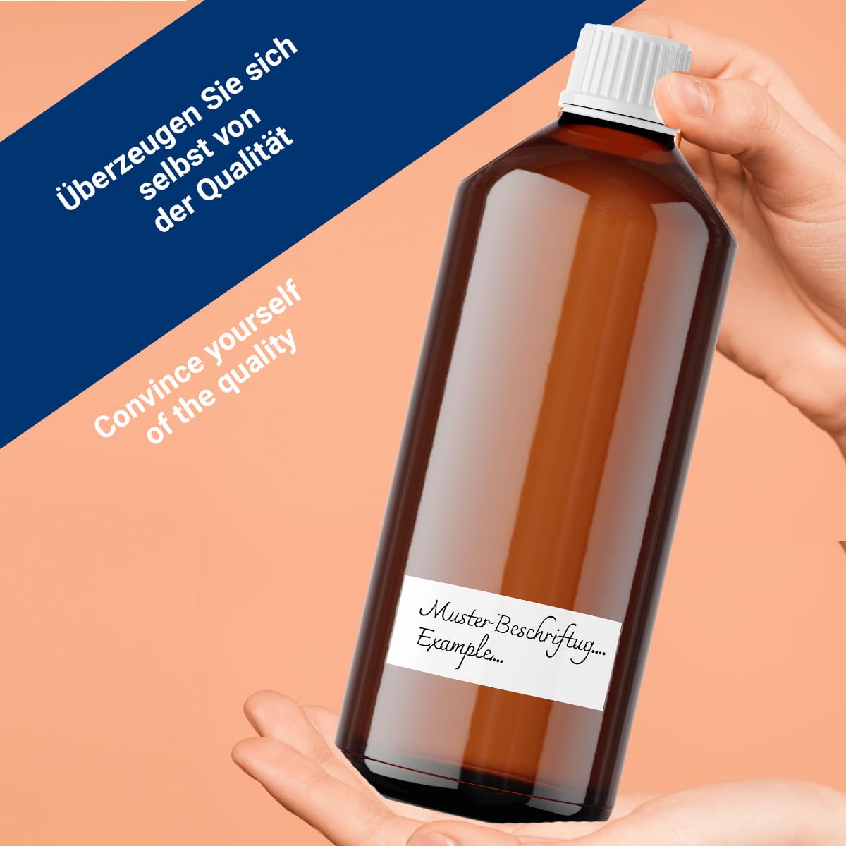 BMUT 1000ml Laborflasche 28/410 – leer – braun – Lebensmittelechte PET Leerflasche BPA-frei mit Originalitätsverschluss & Kindersicherung – Kunststoffflasche inkl. 2 wasserfester Etiketten 1L