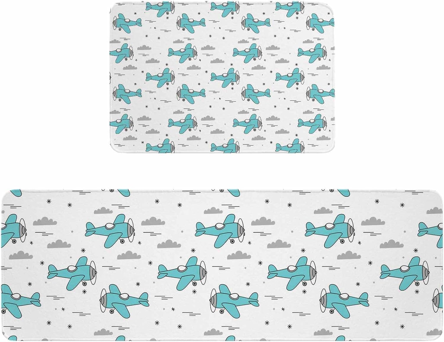 Turquoise Airplane Kitchen Rugs and Mats Set of 2, Non-Slip Kitchen Sink Mat, Modern Abstract Art Cartoon Clouds Washable Doormat Bathroom Rugs Runner for Bedroom/Living Room 23.6"x35.4"+23.6"x70.9"