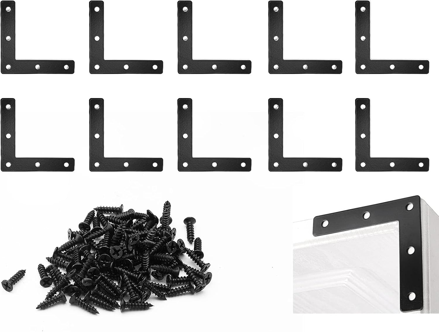 Waziaqoc 20 PCS 2 x 2 Inch Black L Bracket, L Right Angle Flat Corner Bracket (50 x 50mm), Flat Mending Plates Brace for Wooden Frames, Repairment, with Screws