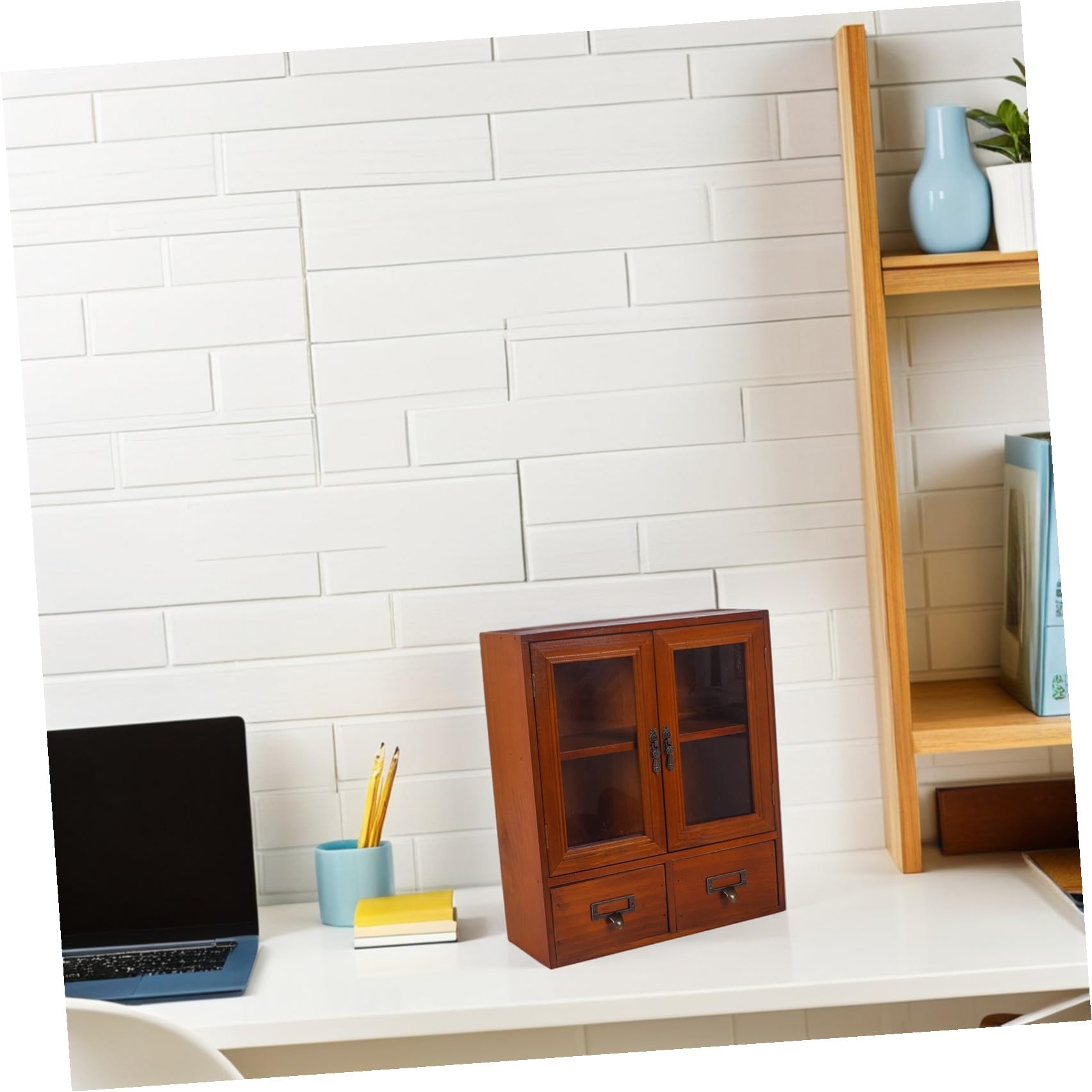Holzschrank mit Glastüren und 2 Schubladen, Vintage Apothekerregal zur Küchenorganisation und Stauraumgestaltung