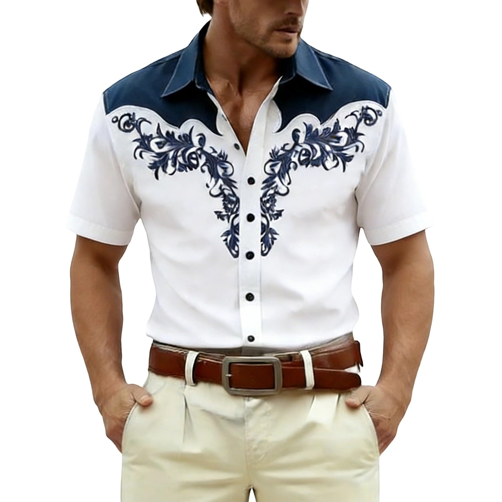 RUMAOZIA Men's Shirt Western Cowboy Style 3D Print White Vintage Medieval Shirts Short Sleeve Cowboy Costume Shirt Embroidery Look Men Carnival Party Top Regular Fit Fancy Dress Costume, O Navy, XL