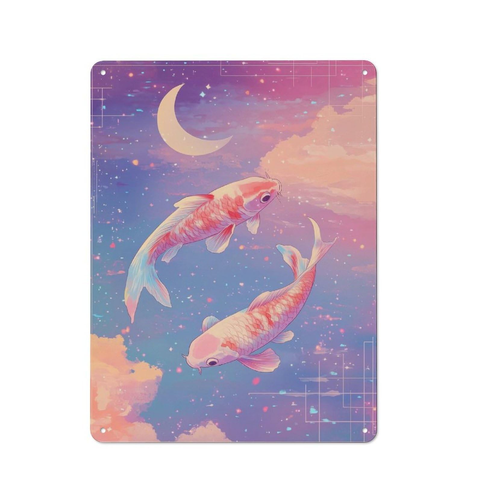 Junmoney Style-2 Koi Fish In Dreamy Sky Retro Metal Wall Decor 40X30cm, Vintage Metal Sign For Cafe, Pub, Workshop Or Home Bar