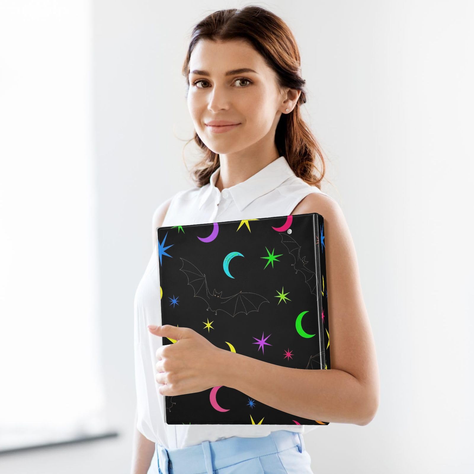 Raccoglitore a 3 anelli, con stelle e lune, colore nero, confezione da 2