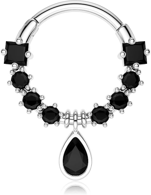 Melighting 16G Helix Earrings Hinged Segment Ring Black Gem Septum Rings Dangle Teadrop Septum Piercing Jewellery Cartilage Daith Earrings Daith Piercing Jewellery