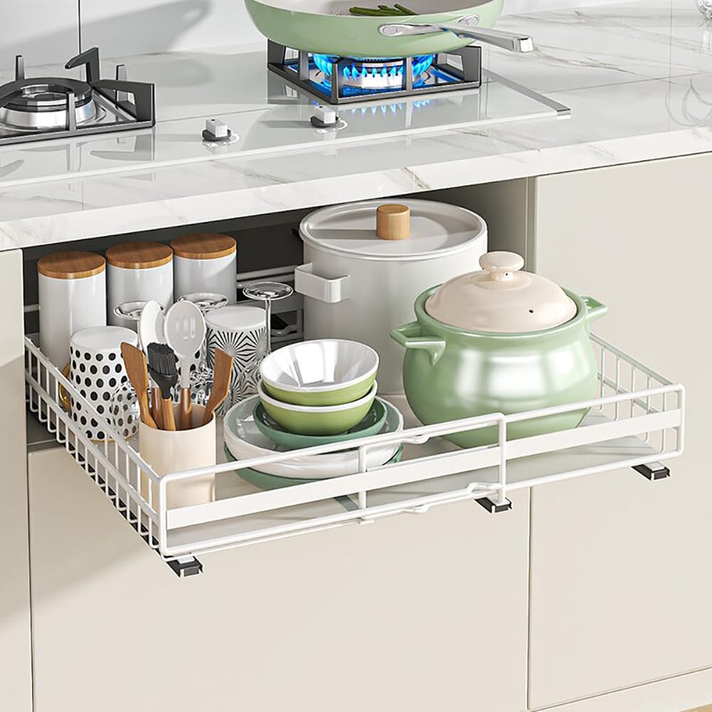 Aptliton Pull Out Cabinet Organiser Slide Out Drawer Storage Shelves for Kitchen Cupboard Expandable Sliding Drawer with Adhesive Film Cabinet Basket No Need Drill and Nailing, Width Range 31-49Cm