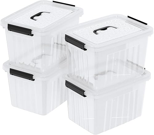 Juego de 4 contenedores de almacenamiento con tapas de pestillo, caja de almacenamiento de plástico transparente con asa, 18 L