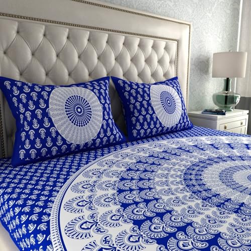 Image of KOUNDAL Rajasthani Jaipuri Sanganeri Printed 144 TC 100% Cotton Bed Sheet Set for Double Bed,Floral Print, Double Bedsheet Cotton with 2 Pillow Covers (Blue(Floral), King)