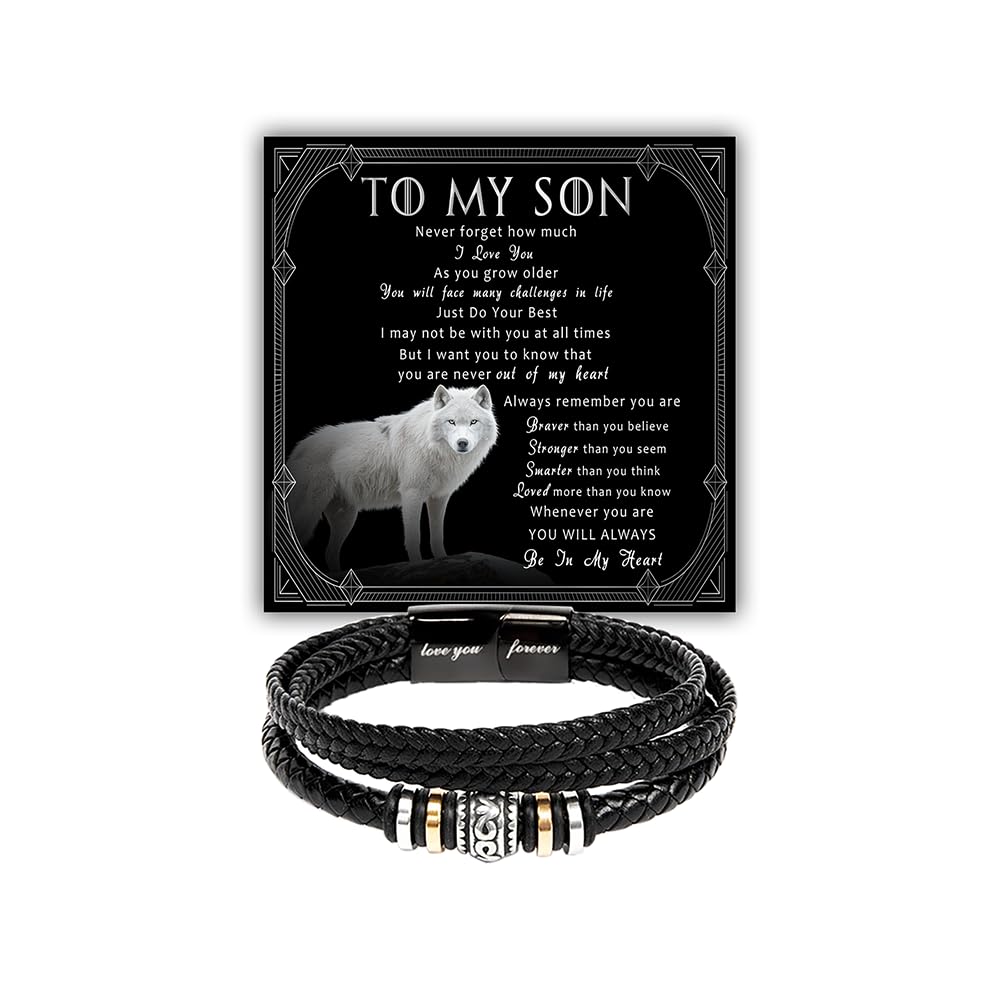 To My Son Leather Bracelet, Son Gifts From Mom And Dad, Bracelets For Sons From Father Mother, Gift For My Sons Christmas, Graduation Birthday With Message Card And Gift Box