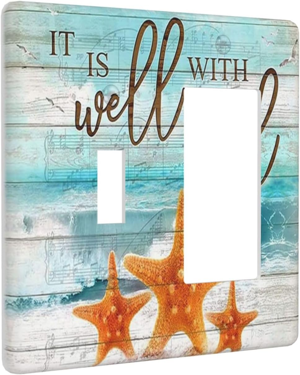 Decorative Outlet Covers Starfish Beach Blue Ocean Wood Board 2 Gang Wall Plate Single Toggle 1 Rocker Light Switch Cover Switch Plate Covers Faceplate for Bedroom Home Decor image 2