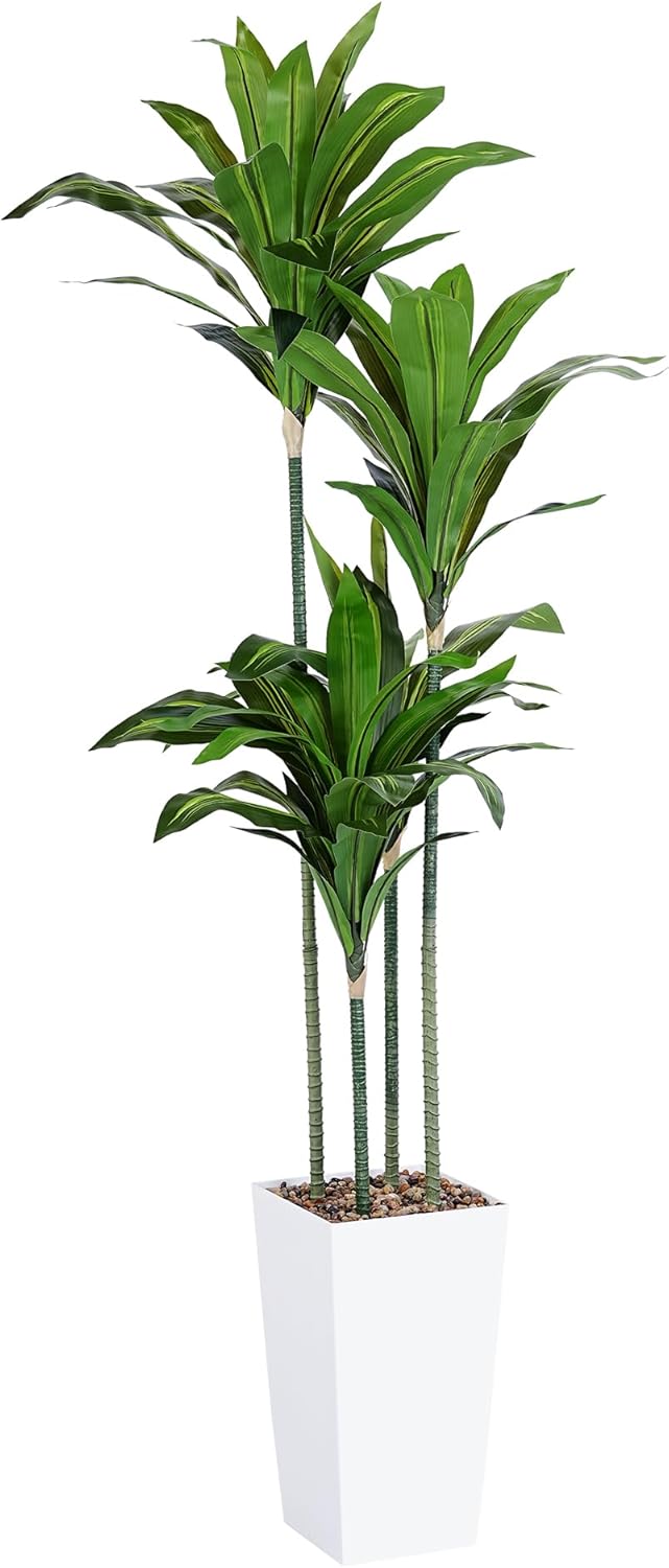 Artificial Dracaena Tree, 5FT Faux Tree with White Tall Planter, Fake Dracaena Plants Tropical Yucca Floor Plant in Pot, Artificial Silk Tree for Home Decor Office Living Room Indoor Housewarming Gift