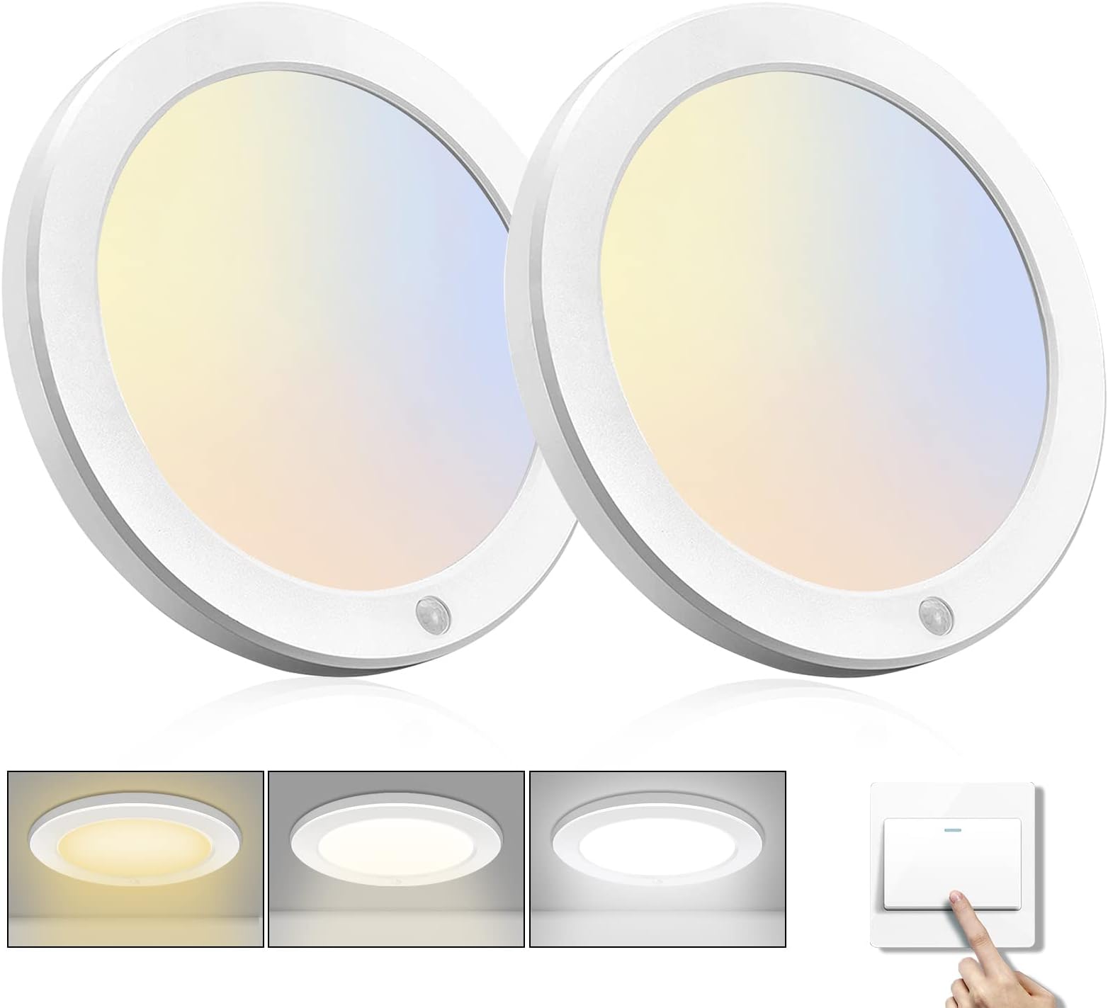 Tomosu 2 Pack Motion Sensor LED Ceiling Light Wired, 18W 1800LM, 3000K/4000K/6500K Selectable, 8