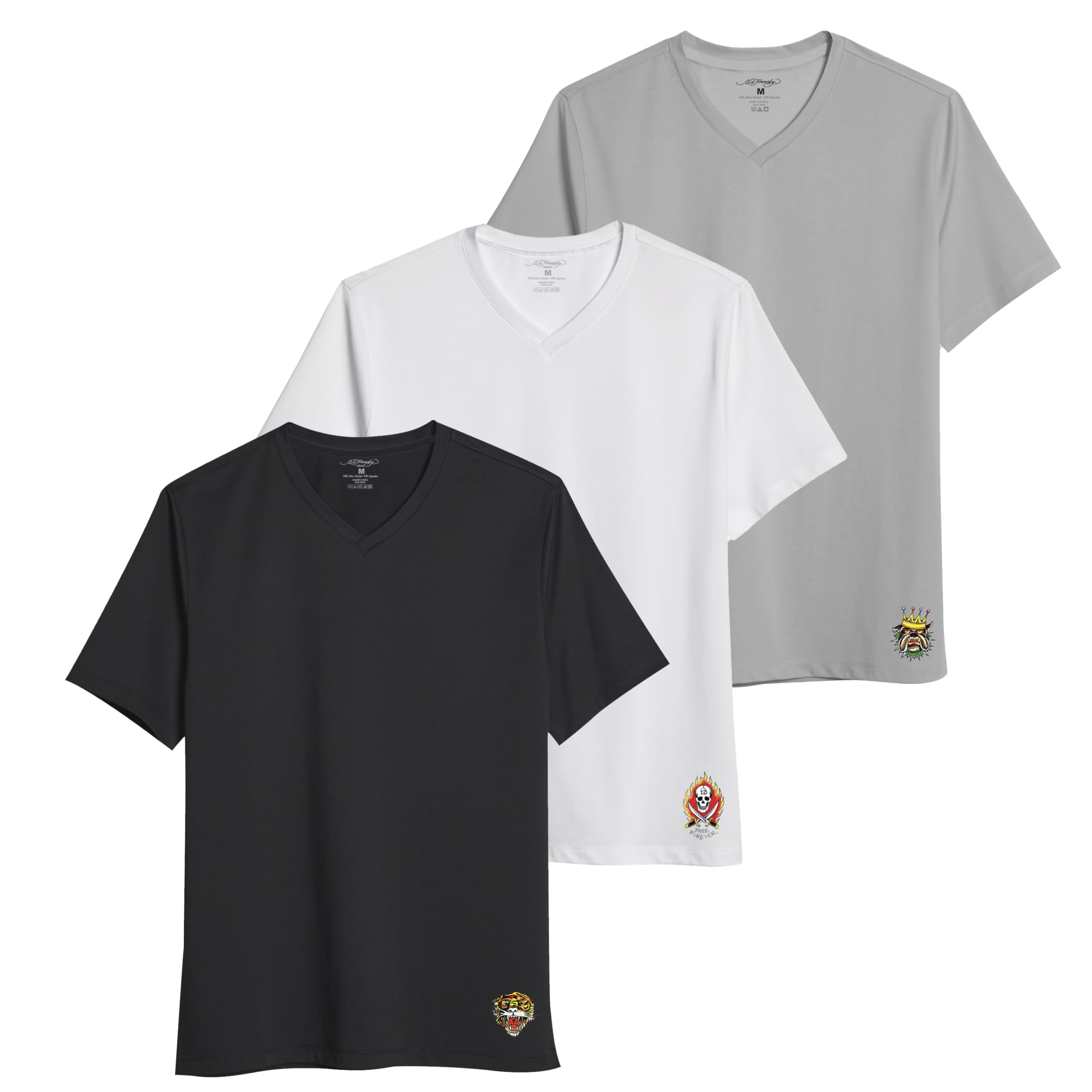 ED HARDY 3 Pack Mens Fitted Tshirts Micro Modal Short Sleeve Crew, Vneck Classic Tees Gym, Work Casual, Mens Fitted Shirts