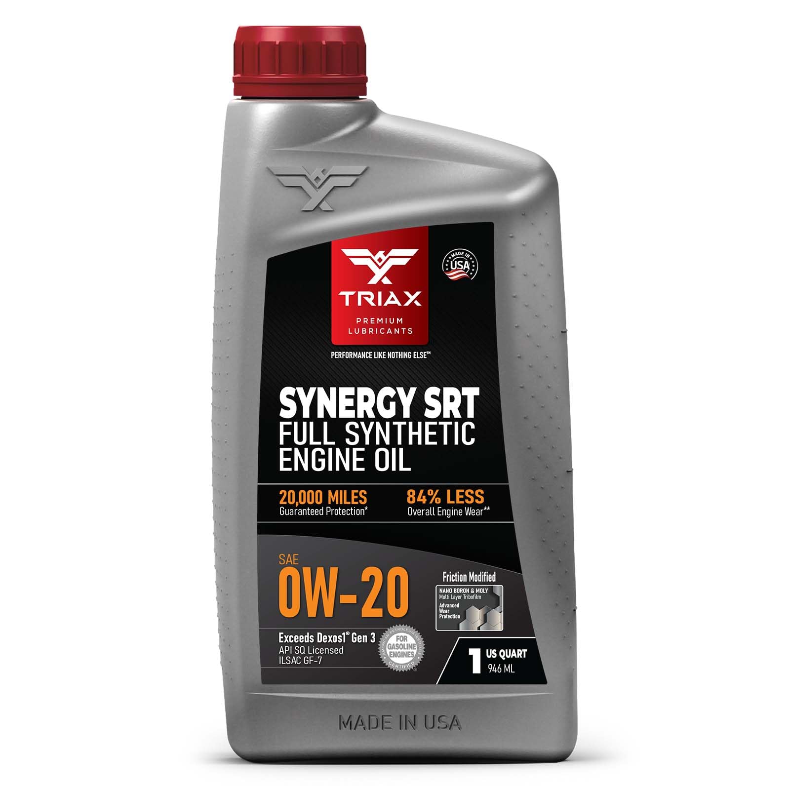 Synergy SRT 0W-20 - Full Synthetic, Friction Modified Engine Oil - 20K Miles, API SP Licensed, 3x Wear Protection - Nano Boron and Moly Friction Modified (1 Quart)