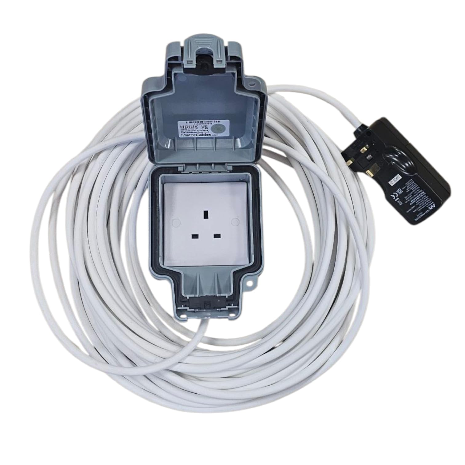 20m White Outdoor Extension cable RCD to 13A IP66 mains socket for pressure washer, water feature outdoor electric hookups