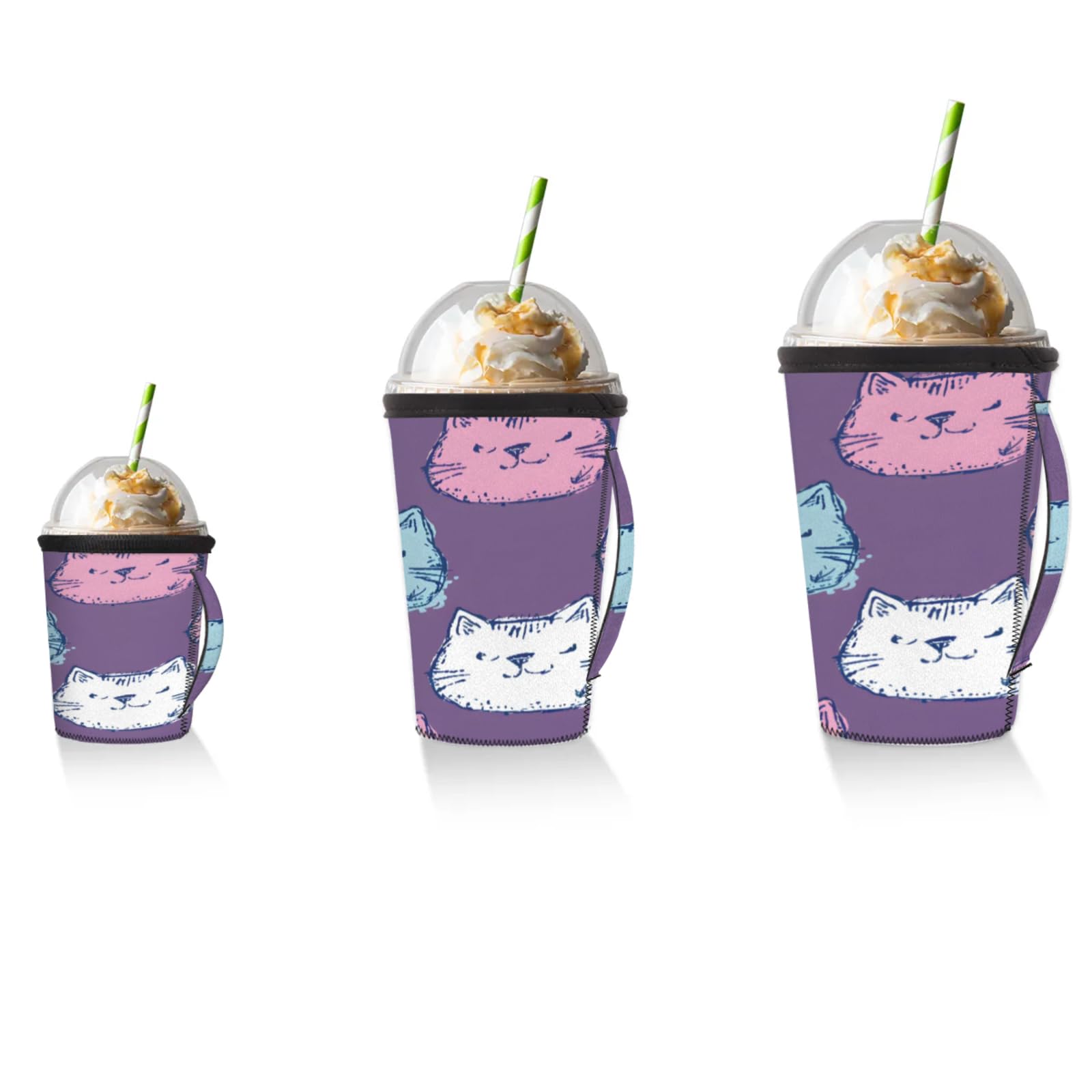 Hand Painted Cat Head Reusable Neoprene Coffee Sleeve with Handle Insulated Iced Coffee Cup Holder Reduces Condensation Fits 24-28 oz Cups M