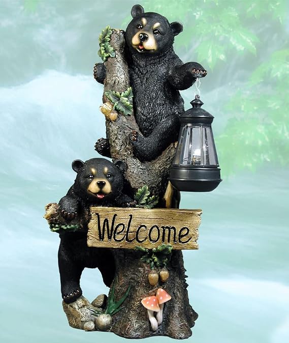 DWK Twin Bears Climbing a Tree Outdoor Home Porch Sign and Solar LED Light Lamp | Front Porch and Yard Decor | Bear Statues Home Decor and Farmhouse Gifts - 18