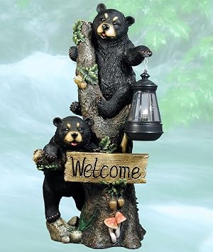 DWK Twin Bears Climbing a Tree Outdoor Home Porch Sign and Solar LED Light Lamp | Front Porch and Yard Decor | Bear Statues Home Decor and Farmhouse Gifts - 18