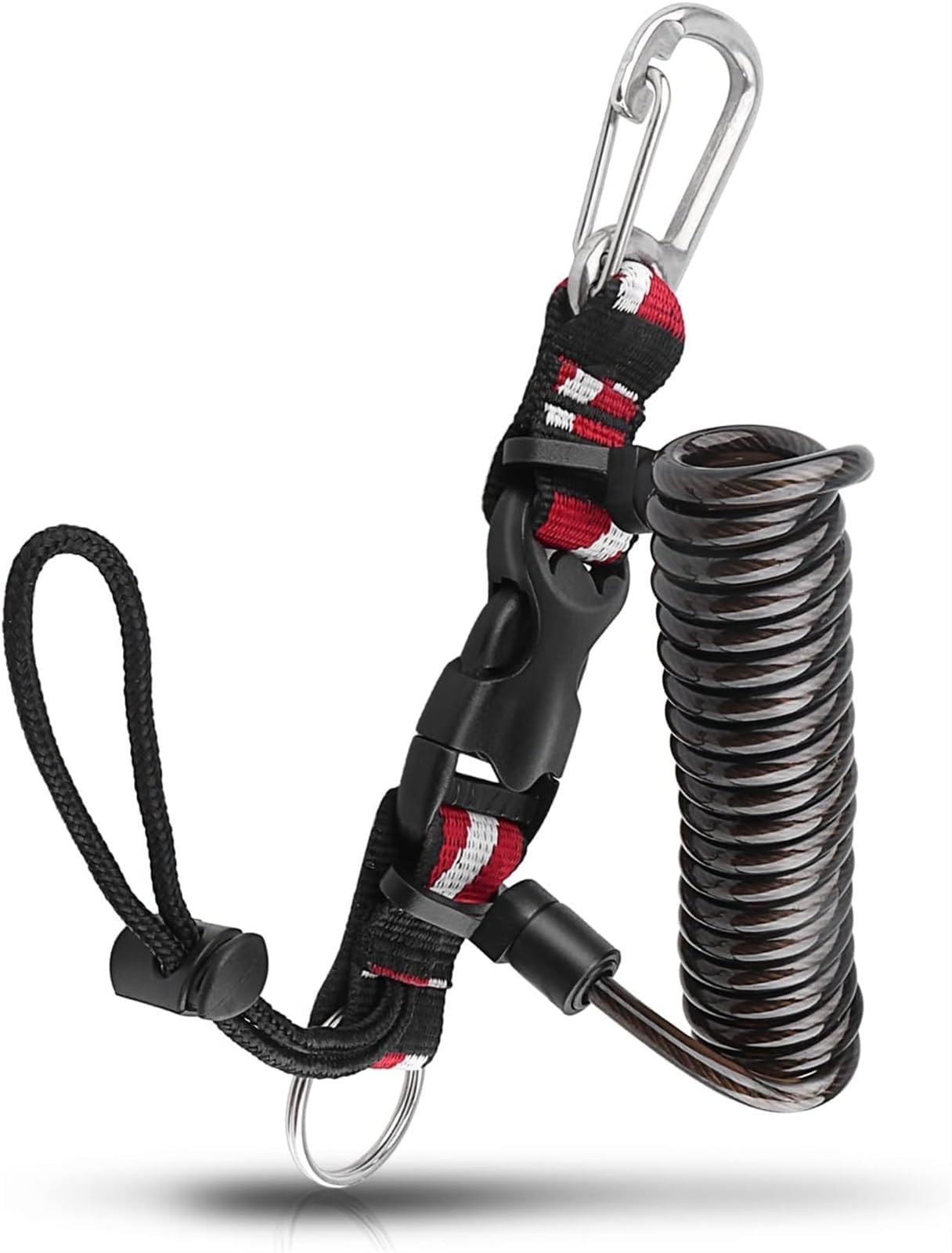 THE WHITE SHOP Scuba Diving Lanyard, Heavy Duty Stainless Steel Spring Coiled Lanyard with Quick Release Buckle and Dive Flag Webbing Strap for Cameras and Dive Lights (Black)